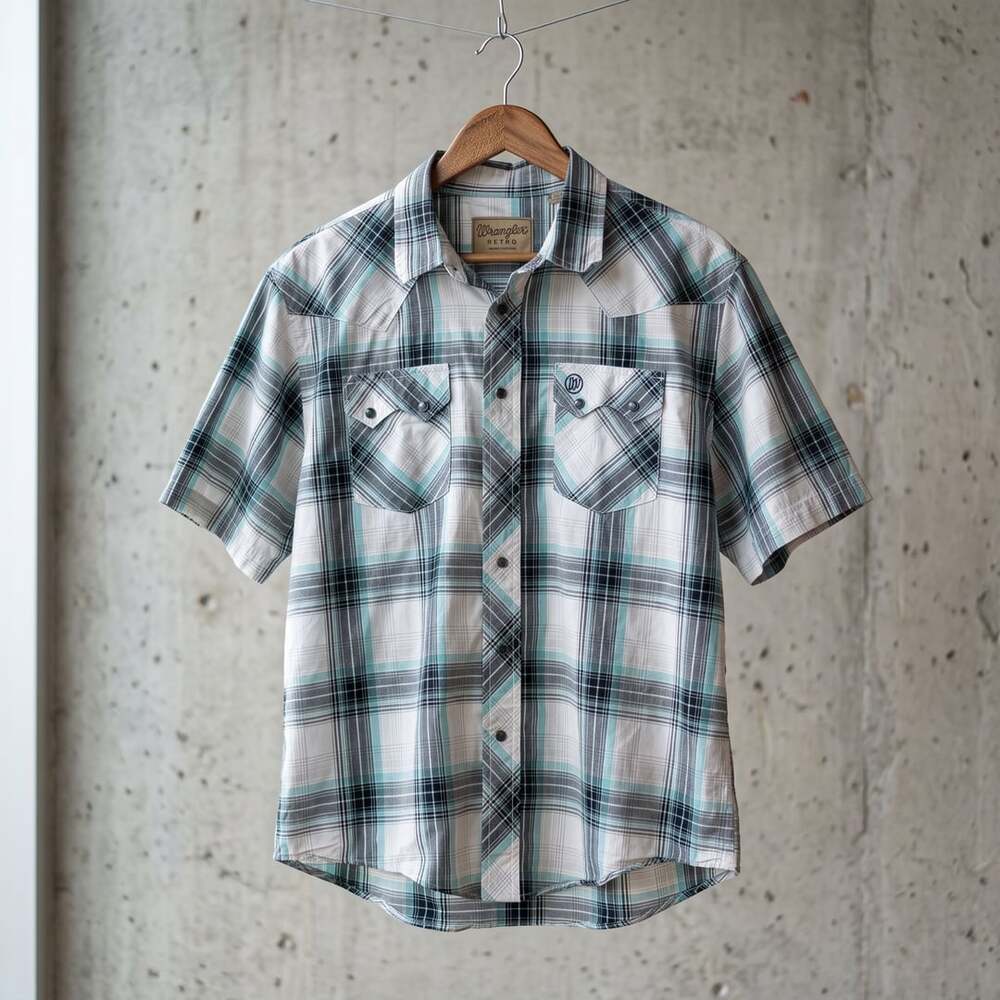 Wrangler Retro Western Shirt White Teal Plaid Short Sleeve Pearl Snap